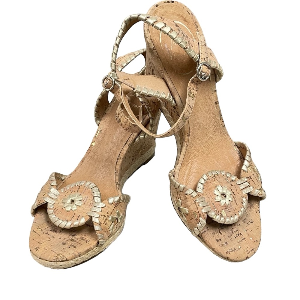 Jack Rogers Gold & Tan woven leather, cork wedge, ankle strap  sandals. Sz7